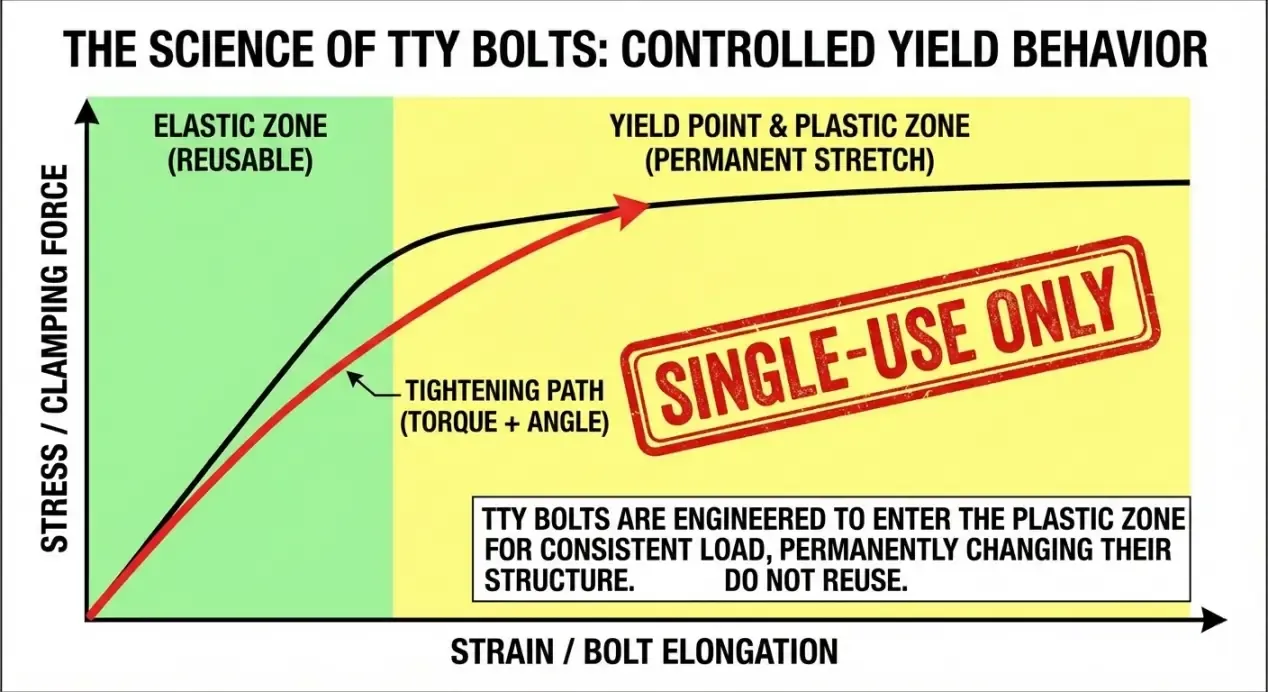 Technical graph of TTY bolt behavior: elastic zone (reusable) vs plastic zone (permanent stretch, single-use only)