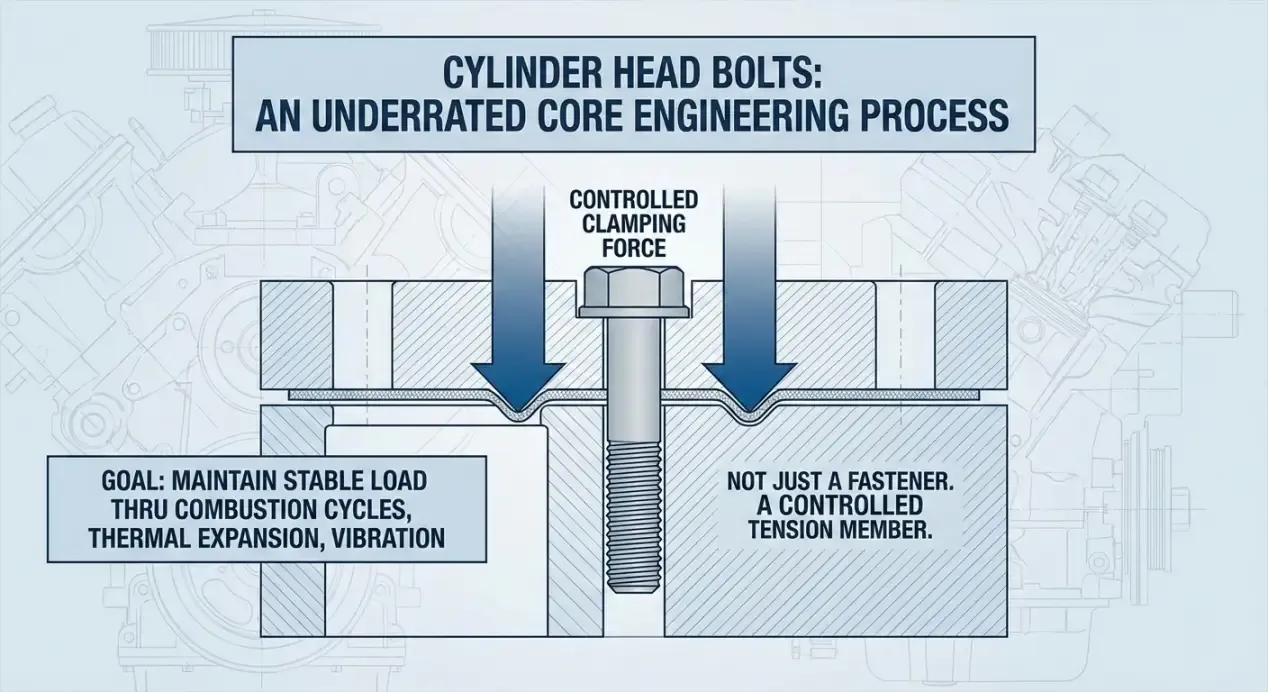 Infographic explaining cylinder head bolts as controlled tension members, not just fasteners, for stable engine clamping force