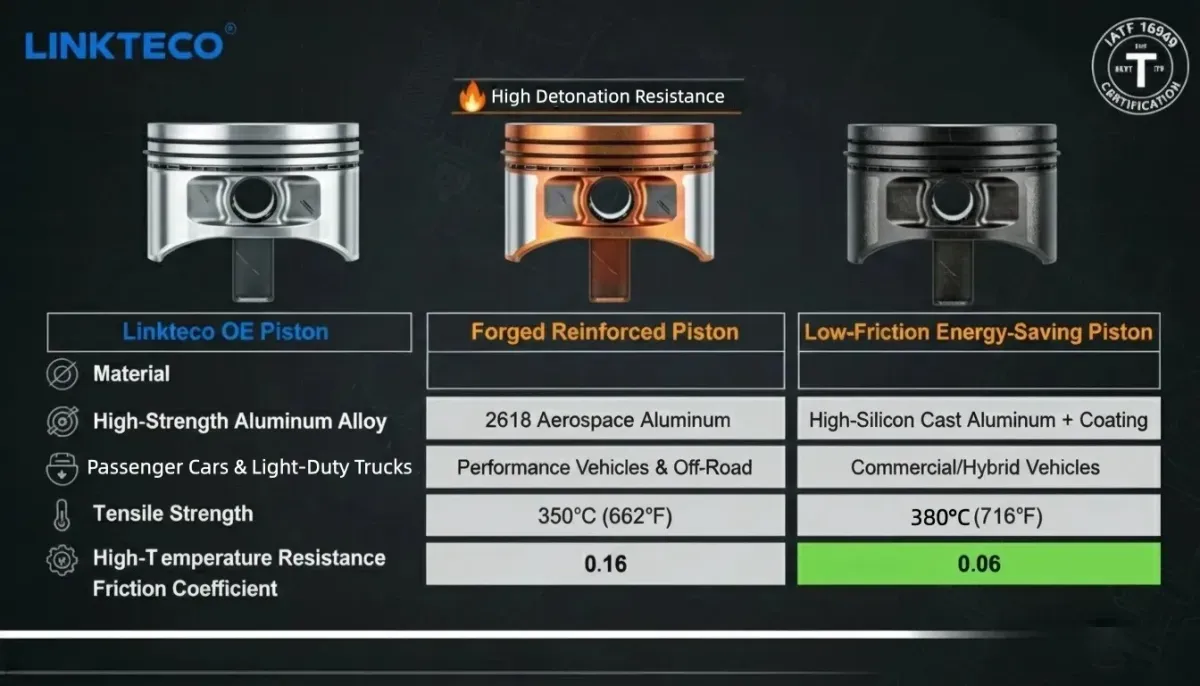 Linkteco OE standard, forged reinforced (high detonation resistance) and low-friction energy-saving piston series comparison - metallographic analysis & CMM testing verified