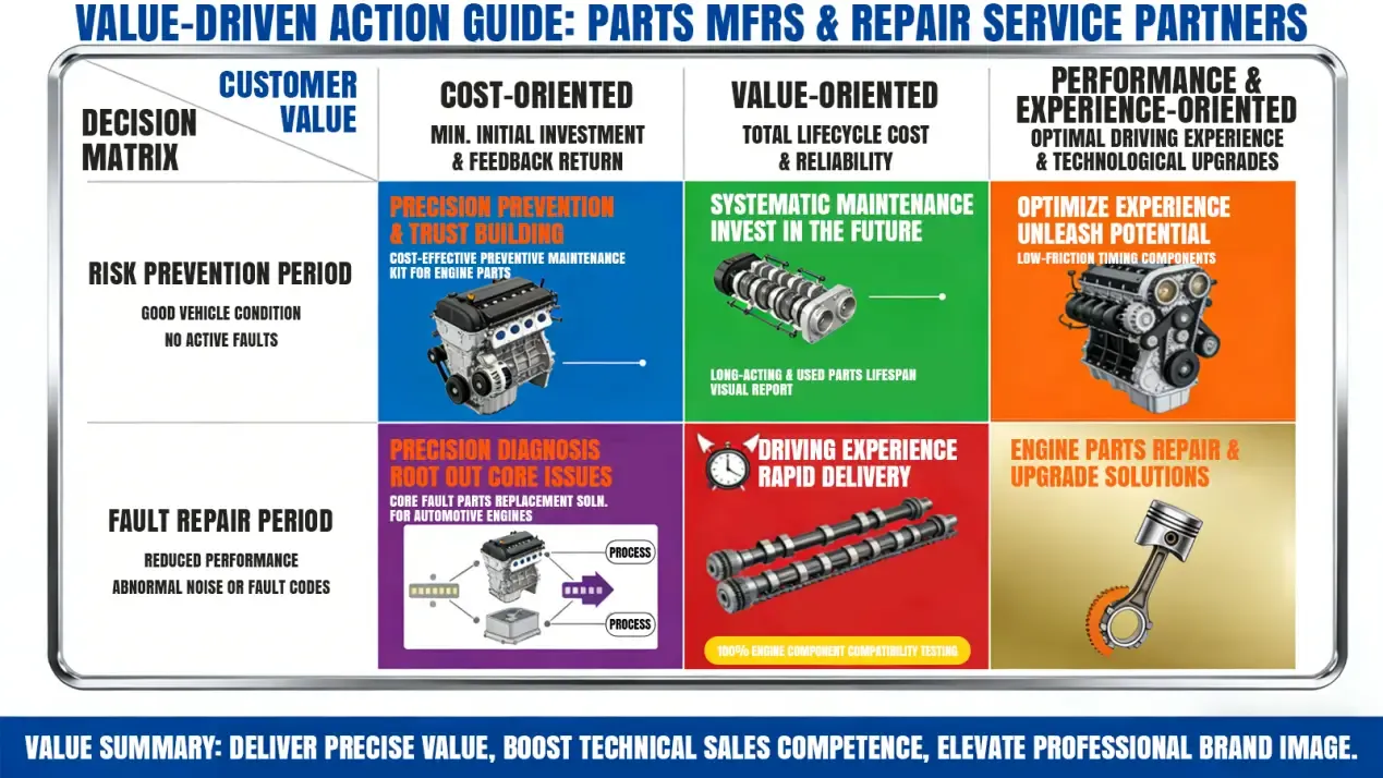 Decision matrix for choosing Linkteco basic, standard and flagship timing kits based on GM vehicle condition and customer demand
