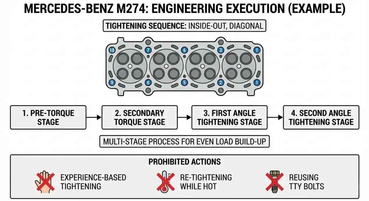 Step-by-step tightening sequence and prohibited actions for Mercedes-Benz M274 TTY cylinder head bolts