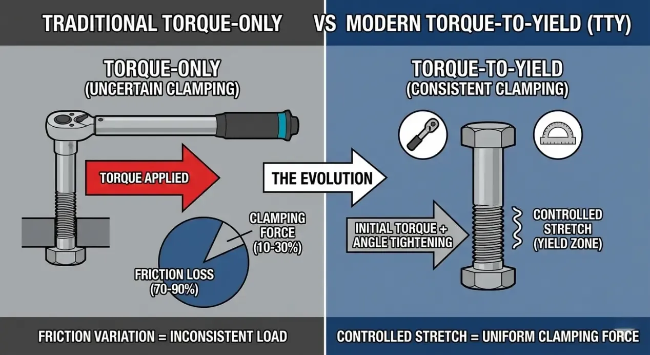 Diagram showing friction-induced preload variation in torque-only tightening vs. consistent load in TTY method