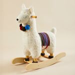 Soft llama plush rocker with wooden rocking base for toddler play