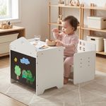 Toddler eating at white activity table and adjustable chair set with chalkboard side