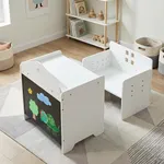 labebe Montessori toddler table and adjustable chair set with side chalkboard in playroom