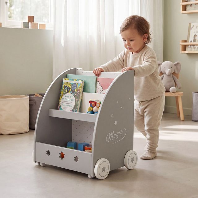 Rolling Kids Bookshelf with Toy Storage Bin