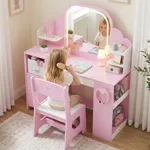 Young girl using pink vanity set with LED mirror – Labebe kids lighted makeup desk