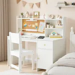 labebe white kids desk and chair set with cork board hutch LED light and side cabinet in bedroom