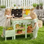 labebe kids green wooden outdoor mud kitchen with plant growing box in backyard