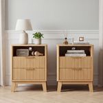 Matching fluted oak nightstands with storage drawers for bedroom