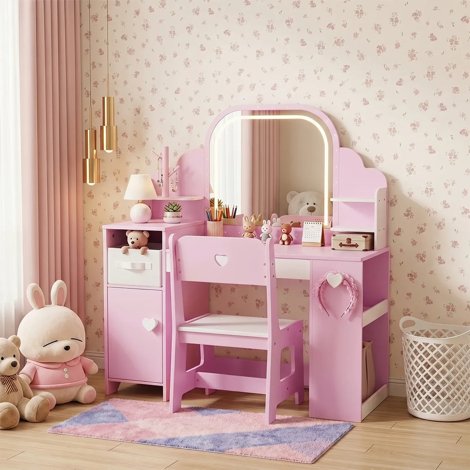 Pink kids vanity set with LED mirror and storage – Labebe children’s vanity table in kids room