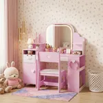 Pink kids vanity set with LED mirror and storage – Labebe children’s vanity table in kids room