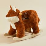 Soft fox plush rocker with wooden rocking base and safety harness
