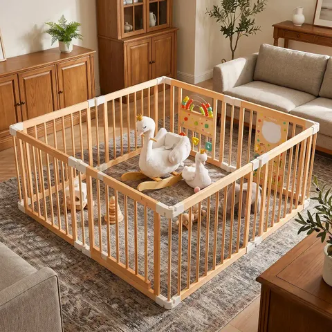 White Swan Plush Rocker with dolls & Wooden Baby Playpen Set | labebe®
