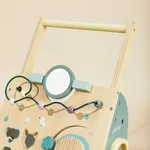 Top view detail of wooden activity walker with mirror bead maze and xylophone