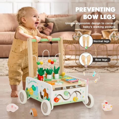 Farm-Themed Baby Walker — Wooden Push Walker with Shape Sorter & Adjustable Speed