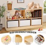 Kid-friendly design on Labebe's low wooden Montessori shelf with storage – anti-drop fence, sturdy wood, smooth surface, 3 free storage boxes