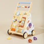 Multifunctional wooden activity baby push walker with sensory learning panel