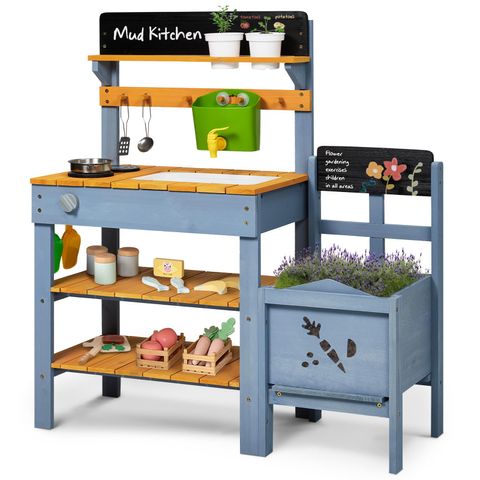 Wooden Mud Kitchen – Outdoor Play Kitchen with Planter Box & Sink
