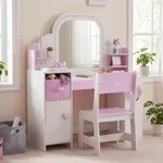 White and pink 3 in 1 kids vanity set with LED mirror and storage cabinet – Labebe GlowTime vanity table
