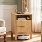 Wooden bedside table with drawers and elevated legs for robot vacuum clearance