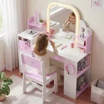 Young girl using white vanity set with LED mirror – Labebe kids vanity table with storage