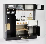 labebe black wooden toy play kitchen with open doors showing interior storage space