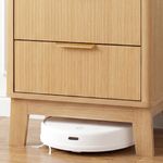 Oak Nightstand raised leg design allowing robot vacuum access underneath