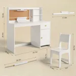 Product dimensions diagram for white kids desk and chair set with cork board hutch