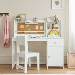 Front view of white wooden kids study desk with bookshelf hutch paper roll and side cabinet