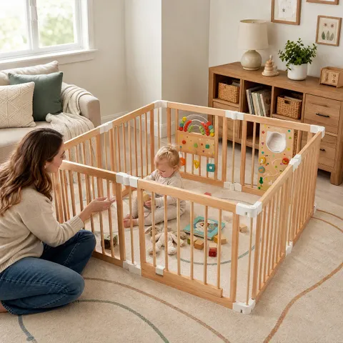 Labrador Plush Rocker & Natural Wood Baby Playpen Set | labebe®