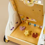 Rear view showing spacious interior toy storage space of wooden activity baby walker