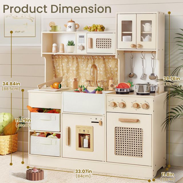Cream Wooden Play Kitchen Set with Storage
