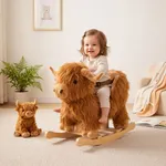 Toddler girl riding on Labebe plush highland cow rocking horse in cozy nursery