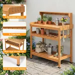 Structural design details of outdoor garden potting bench including top shelf and slat tabletop