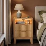LED fluted oak bedside table with drawers and open shelf storage