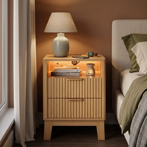 Fluted Oak Nightstand Set with Charging Station & LED Light