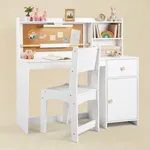 White wooden study desk and chair set with open hutch storage shelves