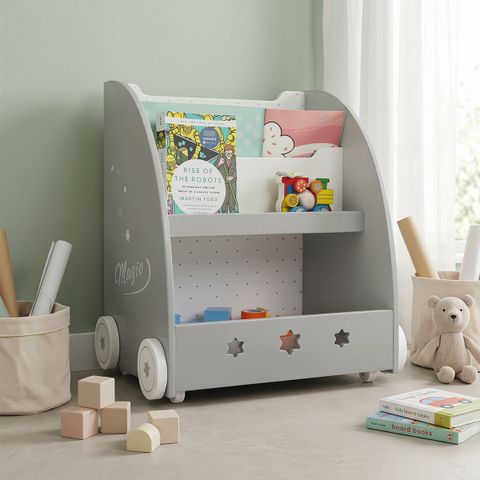 Rolling Kids Bookshelf with Toy Storage Bin – Grey
