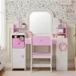 White and pink 3 in 1 kids vanity set with LED mirror and storage cabinet – Labebe GlowTime vanity table