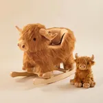 Labebe highland cow rocker and matching plush stuffed animal companion set on wooden base