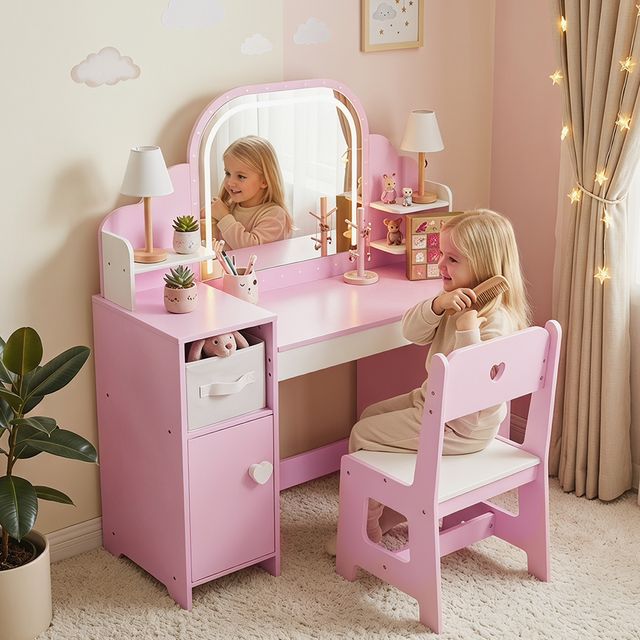 ShineTime Prinzessin Kinder-Schminktisch-Set mit LED-Spiegel und Stuhl