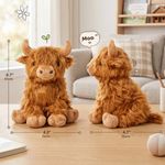 Labebe highland cow plush toy front and side view dimensions in living room