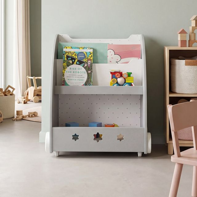 Rolling Kids Bookshelf with Toy Storage Bin – Grey