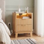 Labebe fluted oak nightstand with charging station and LED light beside bed
