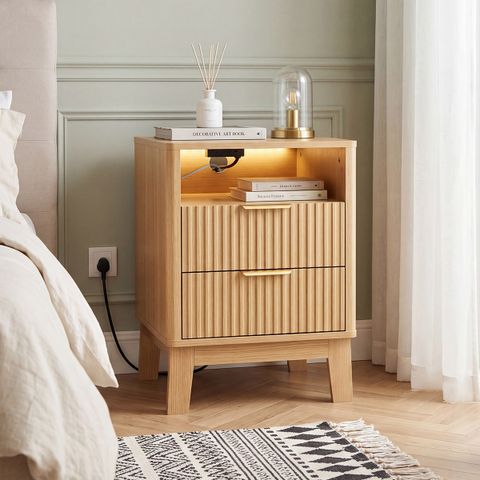 Fluted Oak Nightstand Set with Charging Station & LED Light