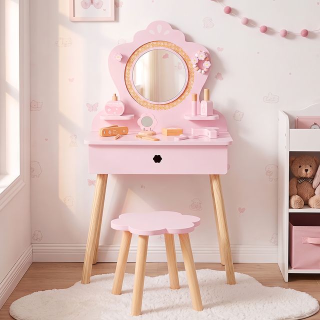 Flower Shaped Kids Vanity Set with Rattan Mirror & Stool