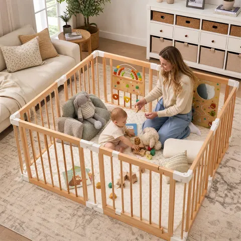 White Swan Plush Rocker with dolls & Wooden Baby Playpen Set | labebe®