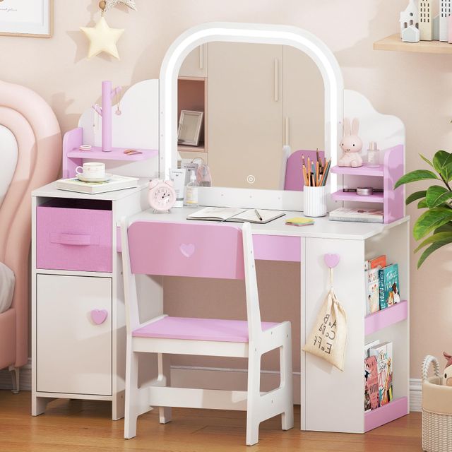 Pink 3-in-1 Kids’ Vanity Set with LED Mirror & Chair