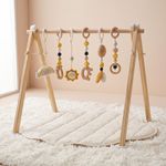 Wooden infant play gym with six detachable sensory toys